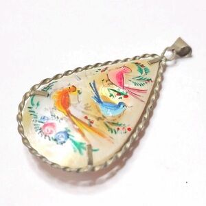 VTG Asian Hand-Painted Bird Mother of Pearl Pendant